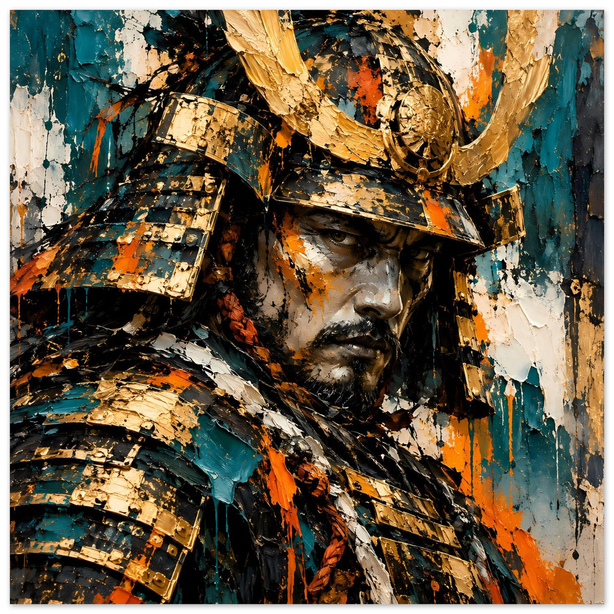Samurai-Krieger Poster, Nahaufnahme von Helm und Rüstung in Gold, Teal und Orange