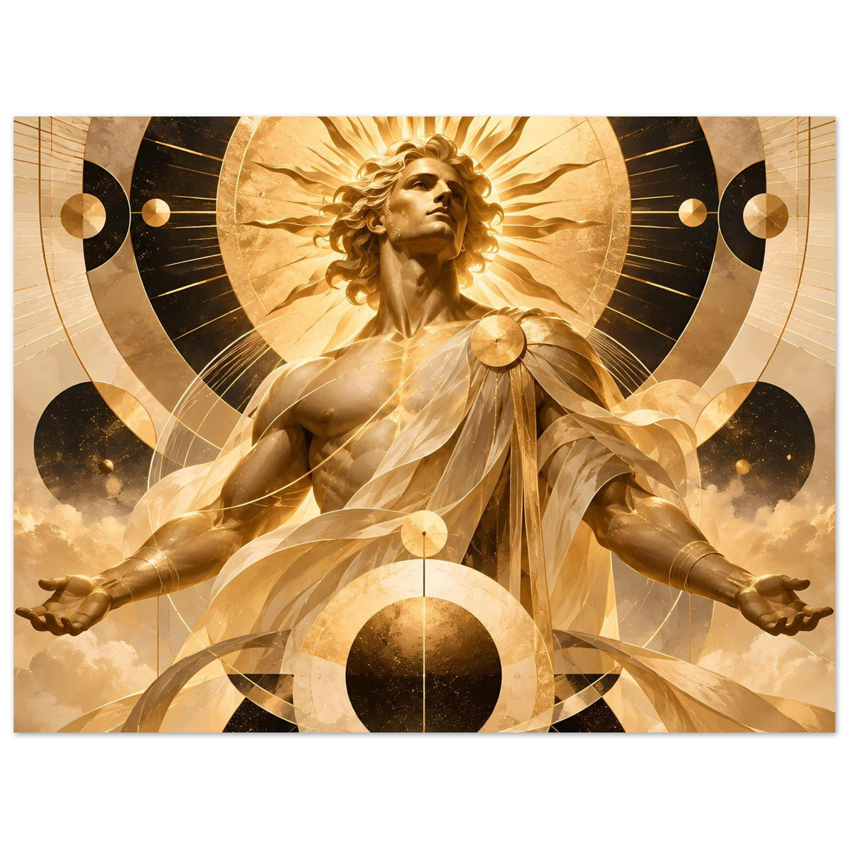 Goldenes Wandposter mit Engelsfigur, Strahlenkranz und Kreismotiven, Querformat