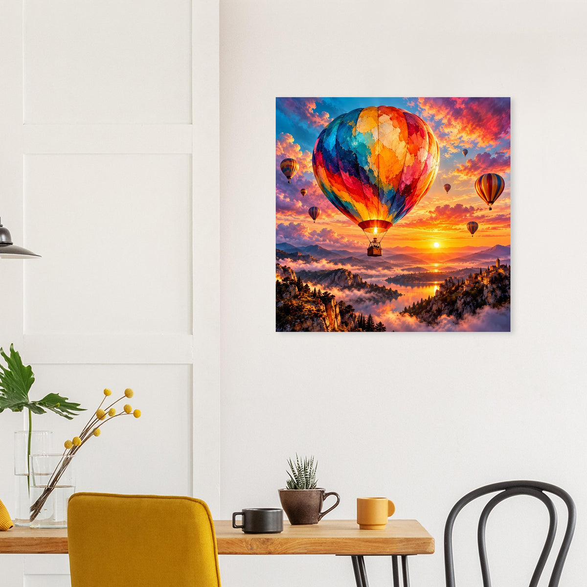Quadratisches gerahmtes Poster mit Heißluftballon am Sonnenuntergang in kräftigen Farben