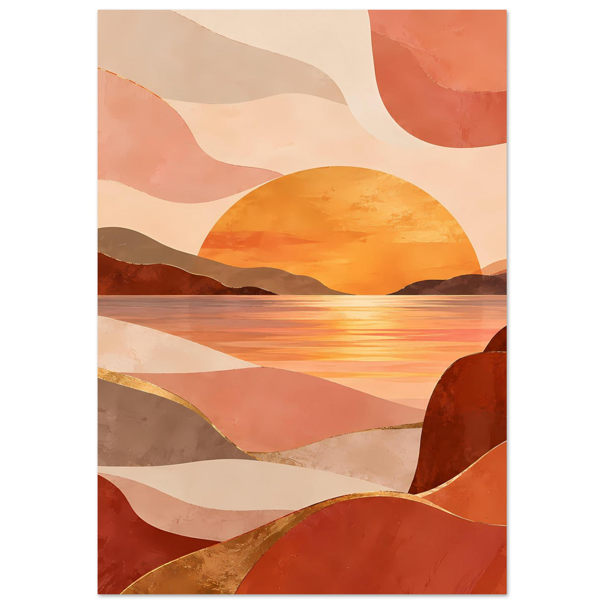 Poster mit minimalistischer Sonnenlandschaft: runde Sonne, Schichtberge in Erdtönen