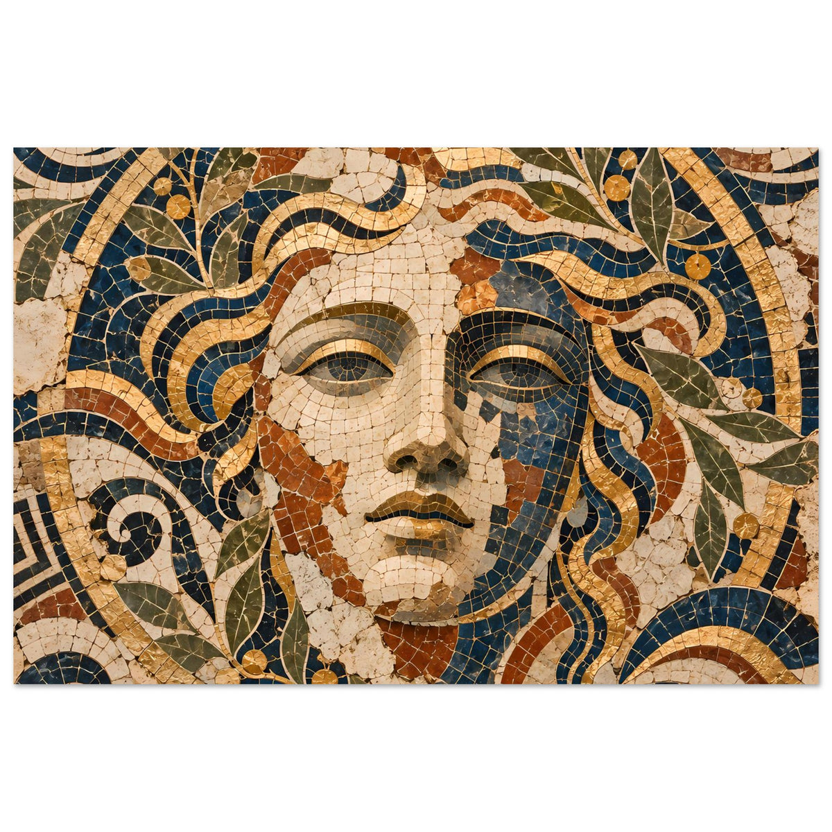 Poster mit Mosaik-Göttinnenportrait, Antlitz mittig, geschwungenes Haar und Blätter