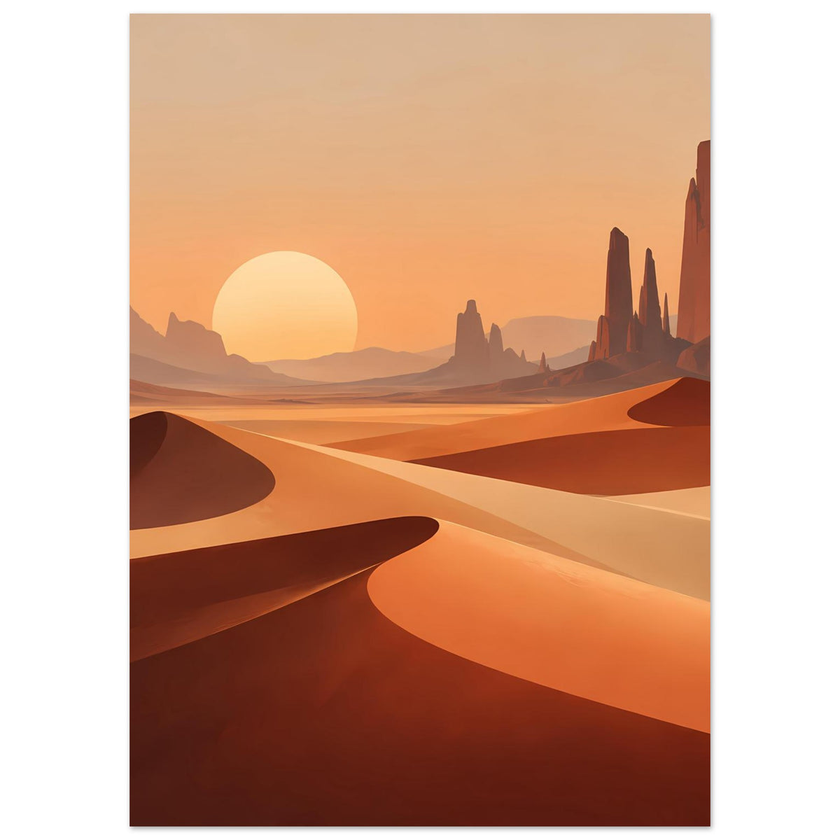 Poster mit Wüstenlandschaft bei Sonnenuntergang, große Sonne, Dünen und Felsrücken