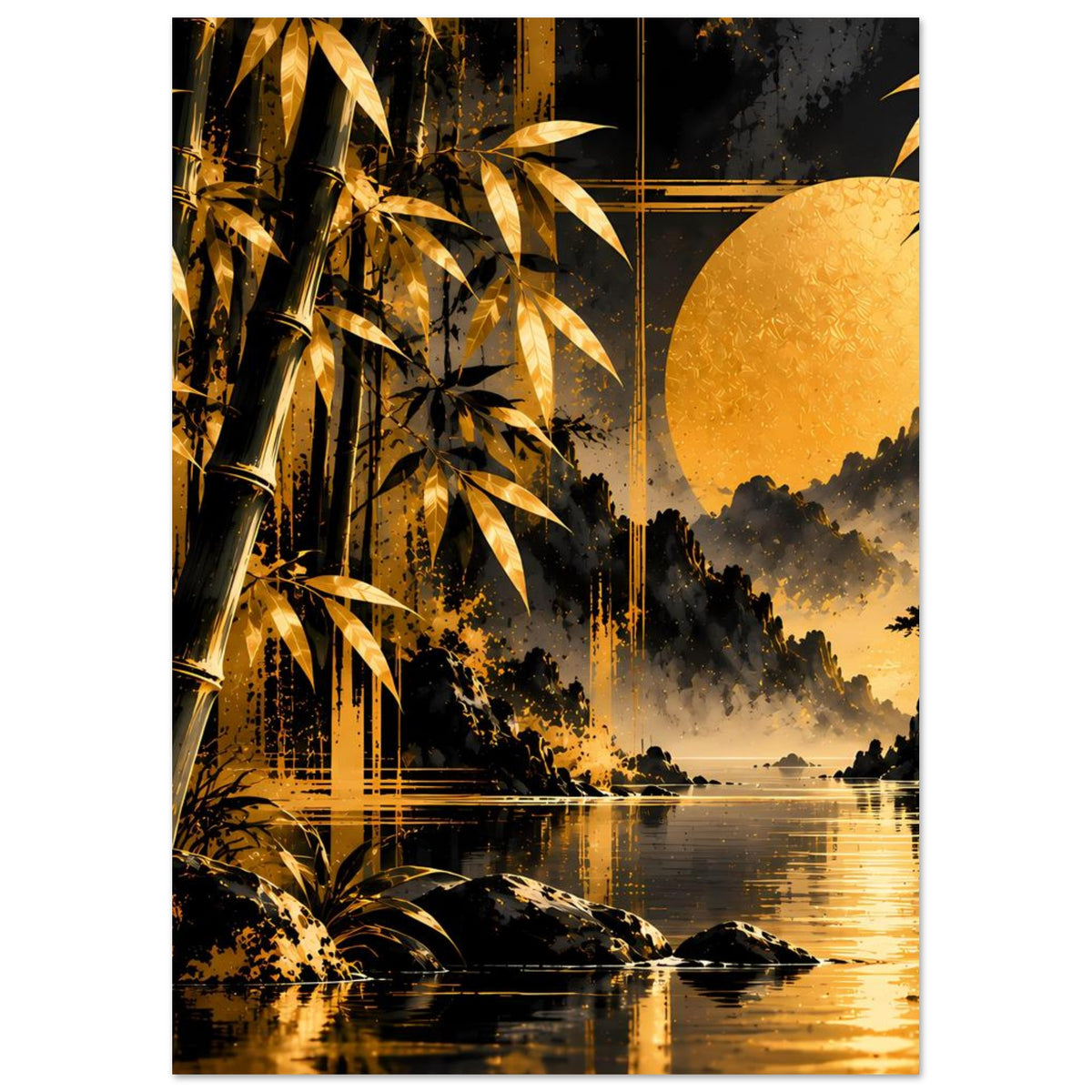 Vertikales Poster mit Bambus und goldenem Mond über See, klaren Spiegelungen und Silhouetten
