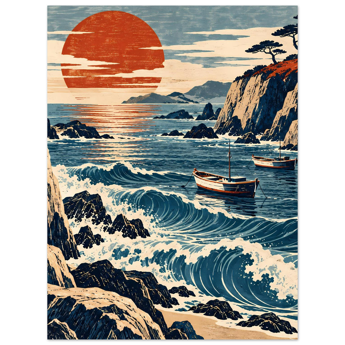 Vertikales Poster mit Küste, schäumenden Wellen, Segelbooten und roter Sonne