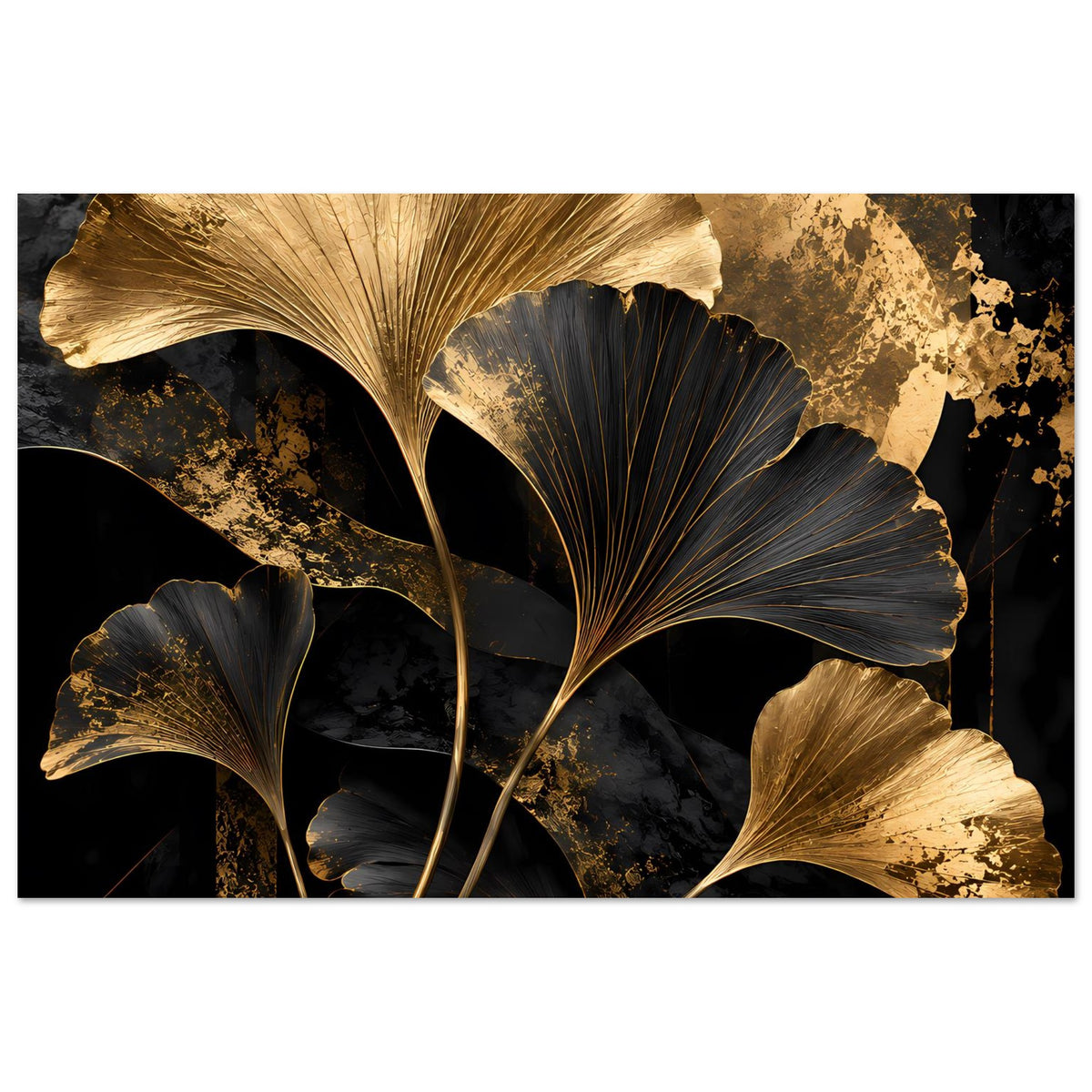 Botanisches Poster im Querformat mit goldenen und schwarzen Ginkgo-Blättern