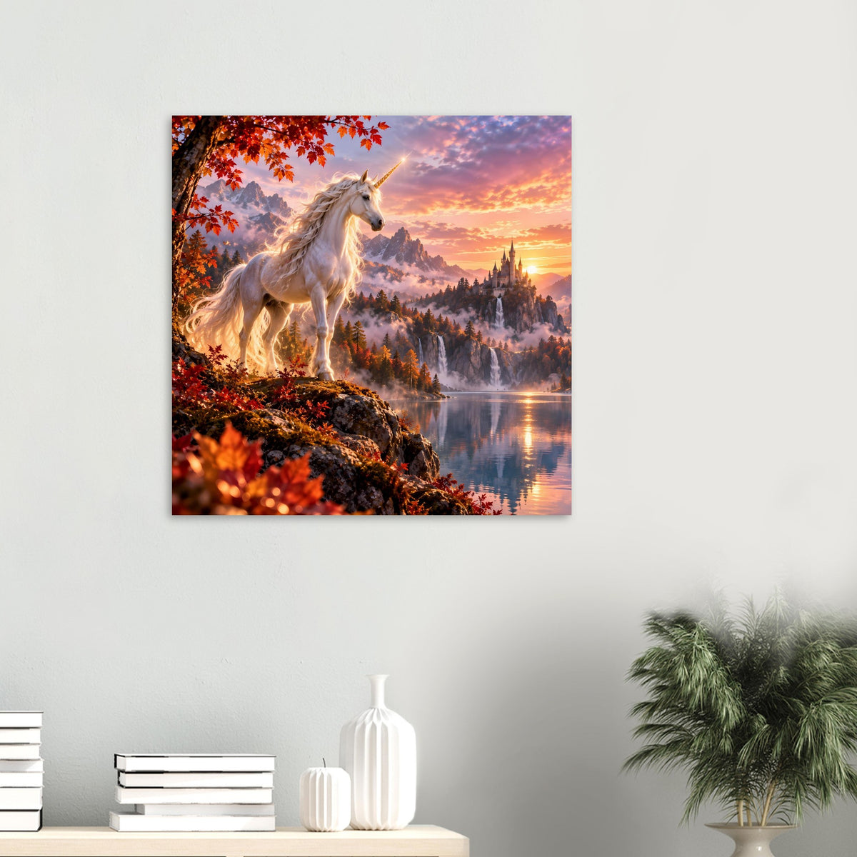 Quadratisches Einhorn-Fantasyposter: goldenes Einhorn auf Felsen am See im Sonnenuntergang