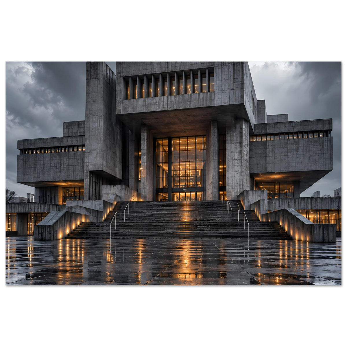 Architekturposter mit Betonfassade, Stufenreihen und warmen Lichtstreifen an Fenstern