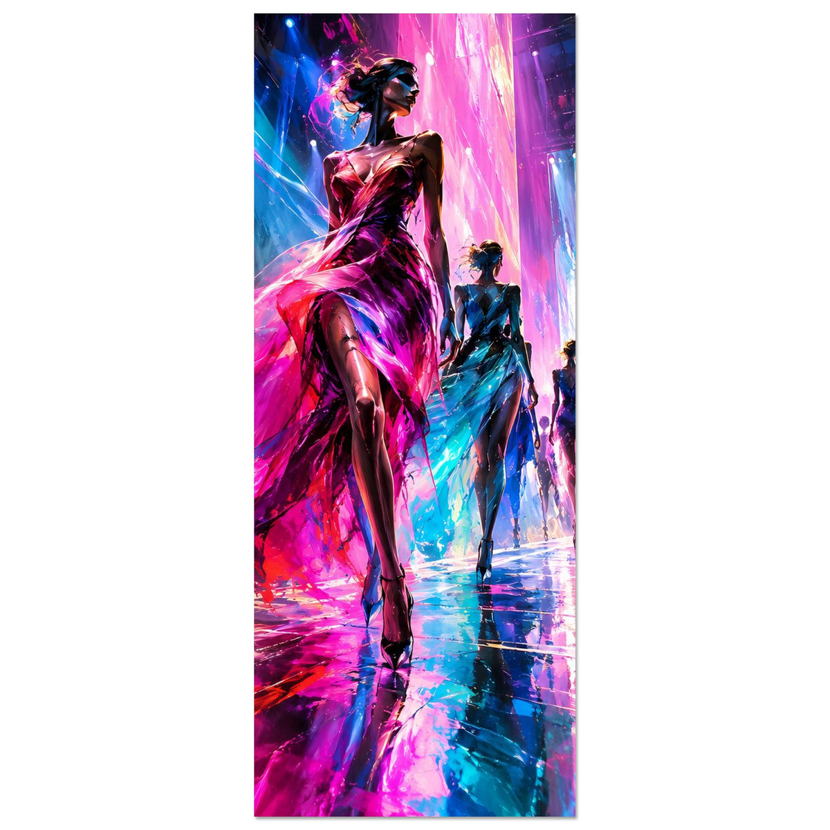 Hochformatiges Poster mit zentralem Model, magenta Kleid und türkisfarbene Lichtreflexe