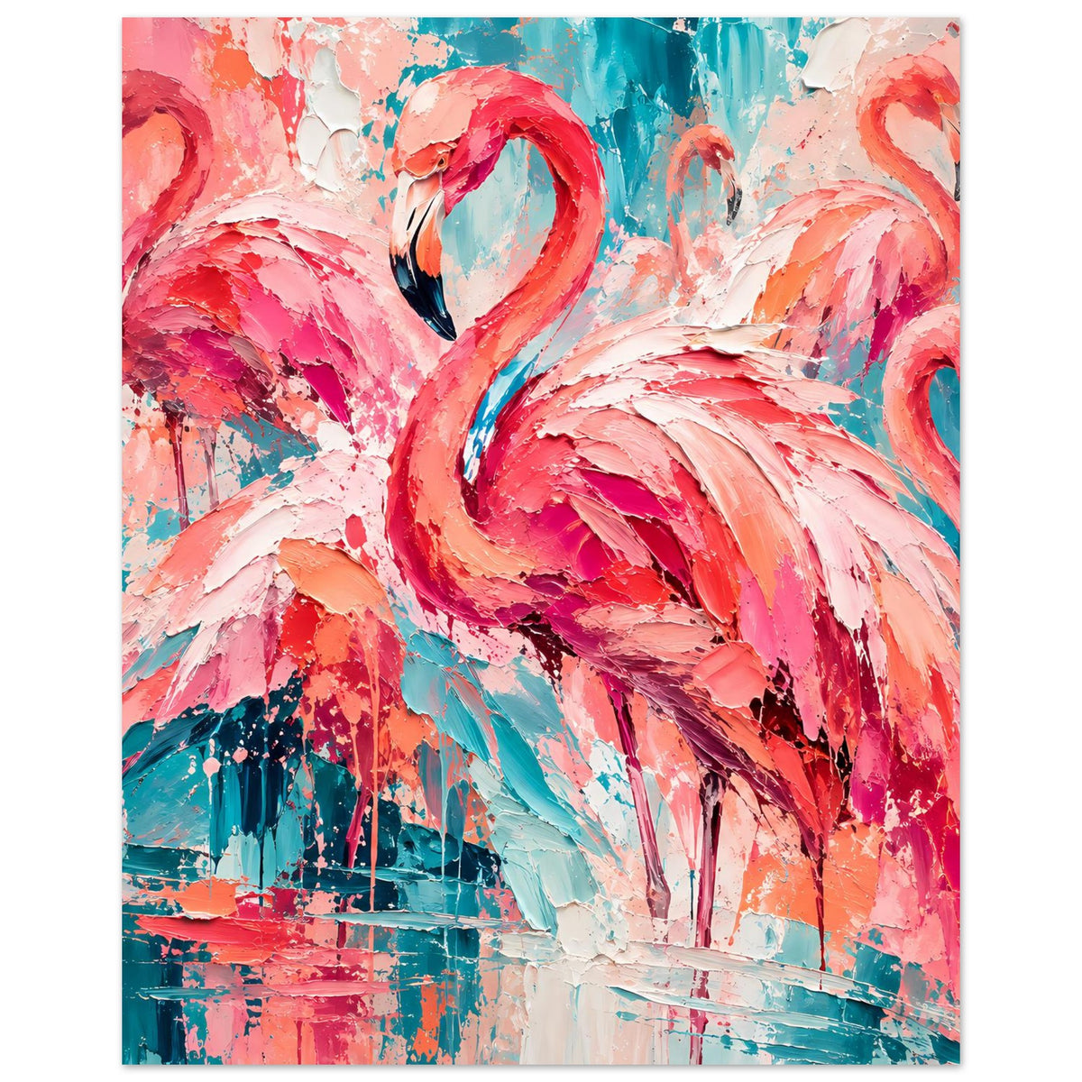 Poster mit abstraktem Flamingo in Pink und Türkis, kräftige Farbübergänge