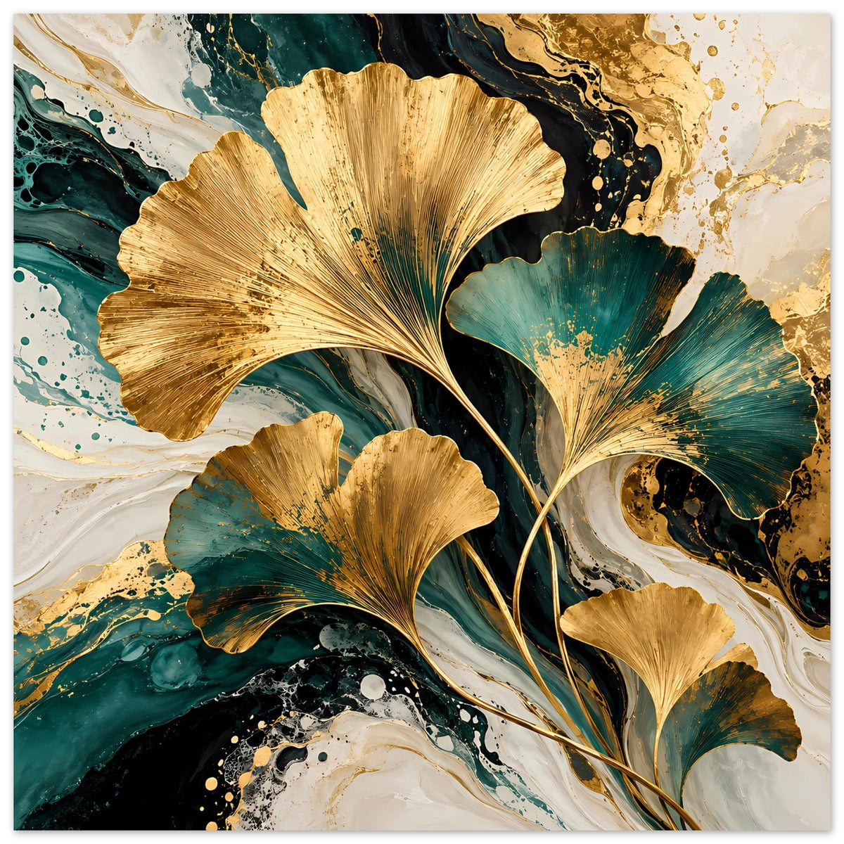 Naturposter mit goldenen Ginkgo-Blättern, türkisgrünen Farbfeldern und goldenen Akzenten