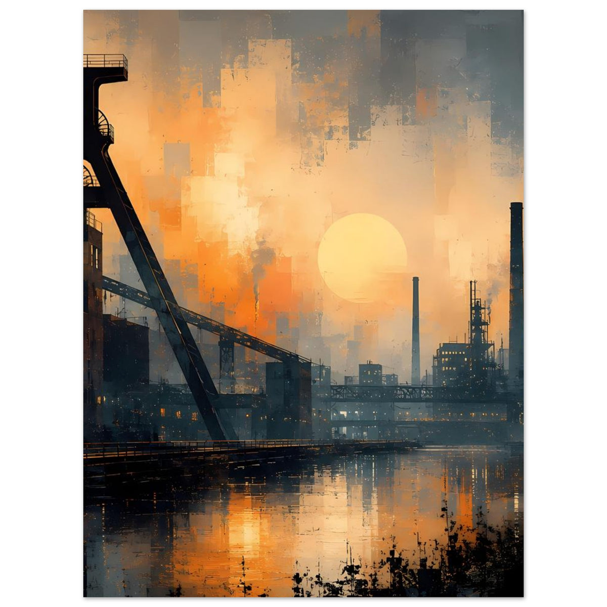 Industrie-Stadtpanorama Poster mit Brücke, Sonnenuntergang und Industrieschloten im Dunst.