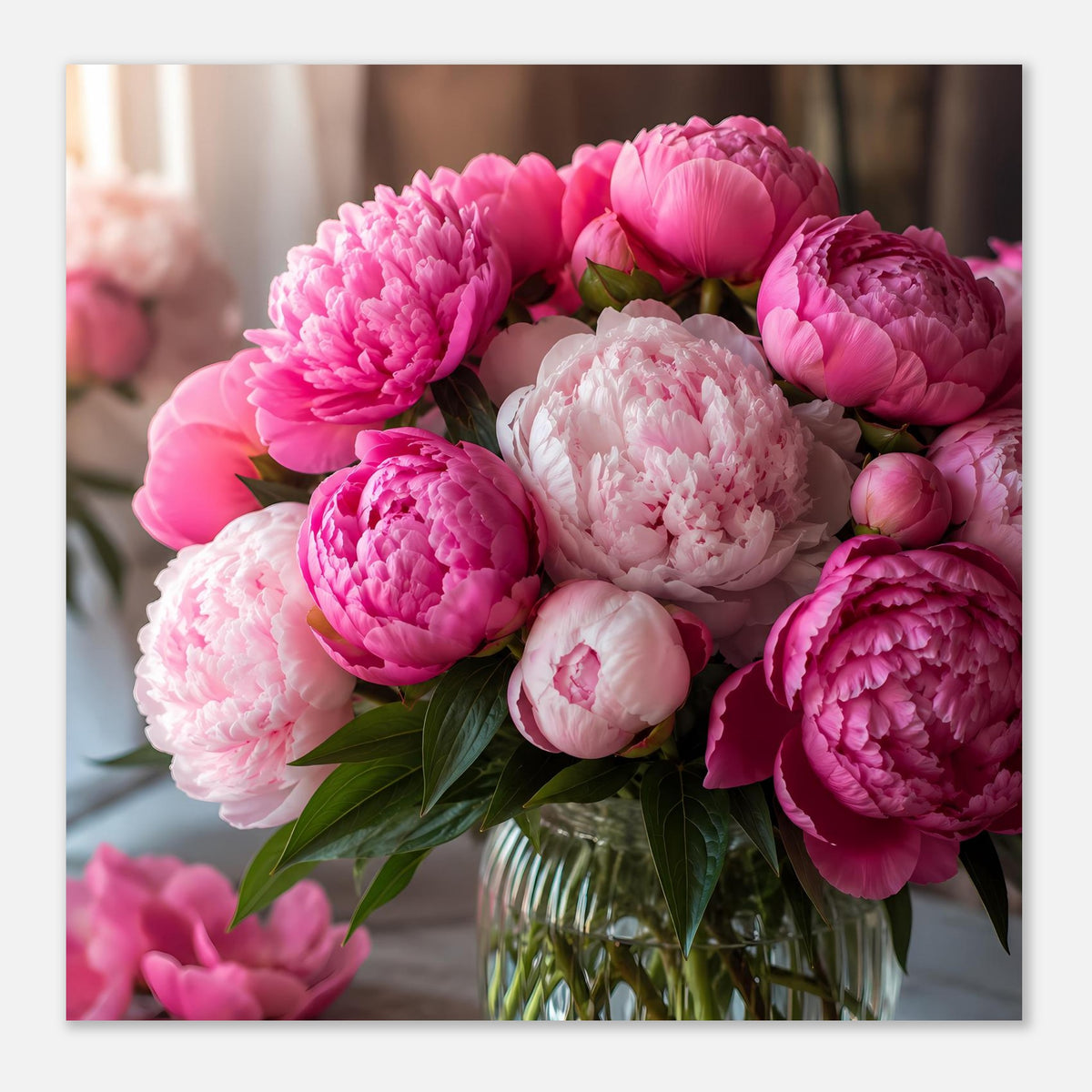 Poster mit Pfingstrosenstrauß in Rosa und Weiß, Vorderansicht der Glasvase