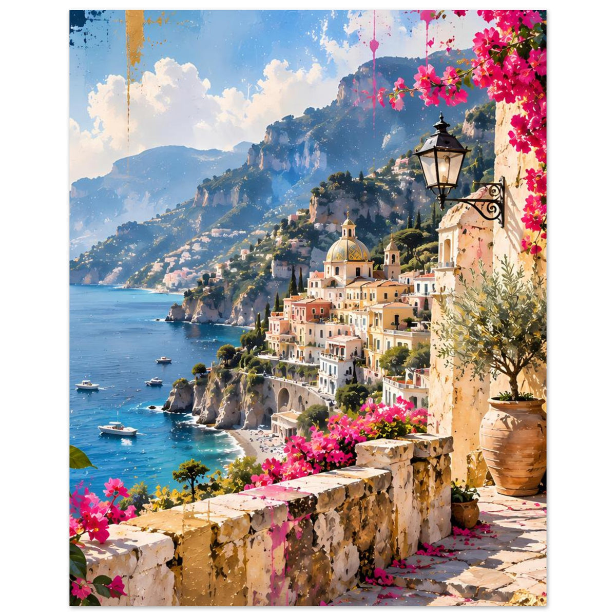 Poster im Hochformat mit mediterraner Bucht, Bougainvillea, Laterne und Zitronenfrucht