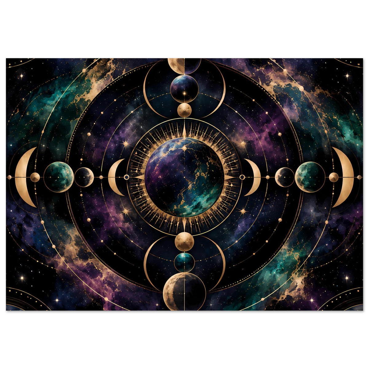 Horizontales Poster mit Mondphasen-Motiv, zentrale Planetenscheibe und umlaufende Kugeln