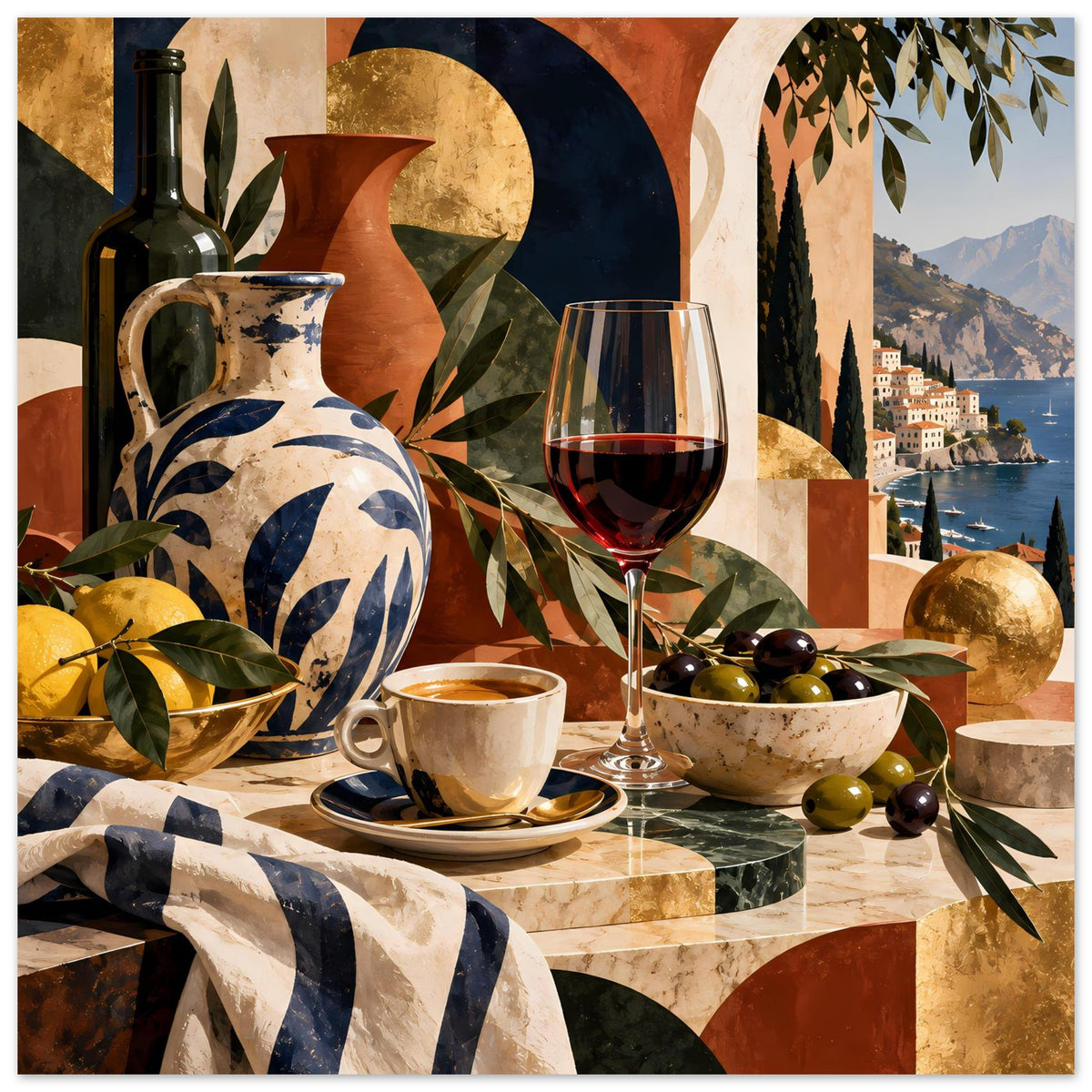 Mediterranes Stillleben-Poster mit Flasche, Kanne, Weinglas und Schale mit Oliven auf Tisch