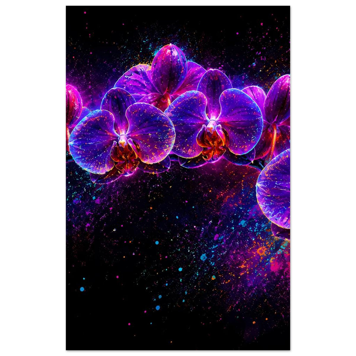 Neon-Orchideen-Poster mit zentralen violetten Blüten und pink leuchtenden Details, ohne Rand