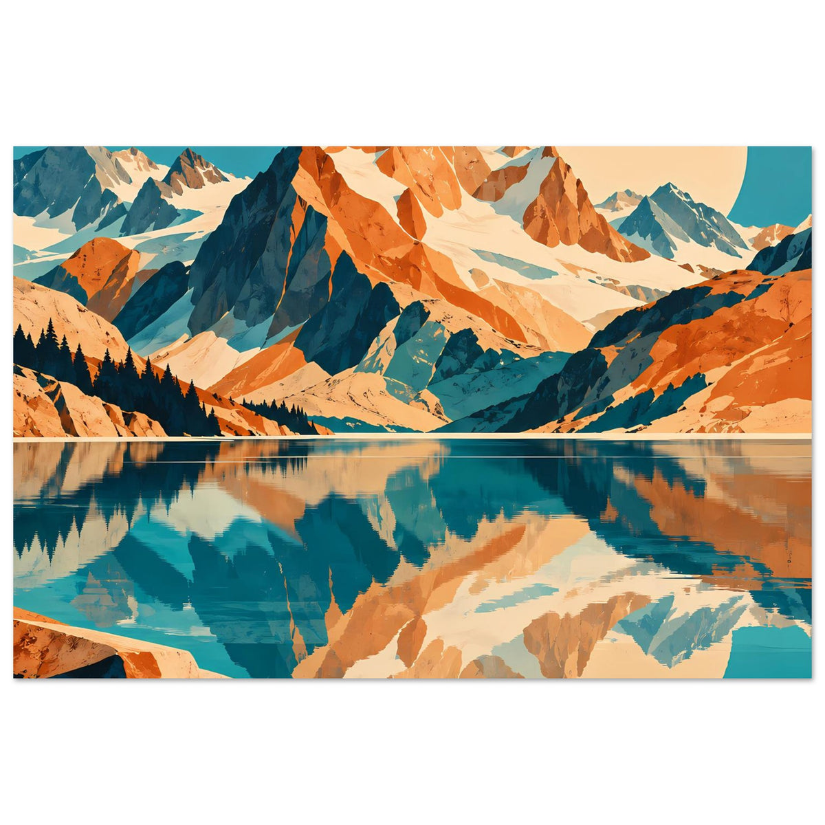 Naturposter mit Bergpanorama und See-Spiegelung in Blau-Orange; helles Mondlicht