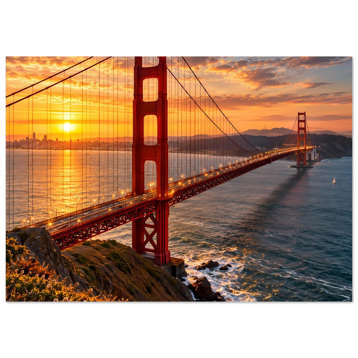 Golden-Gate-Brückenposter im Sonnenuntergang, horizontale Ansicht mit rotem Brückenpfeiler