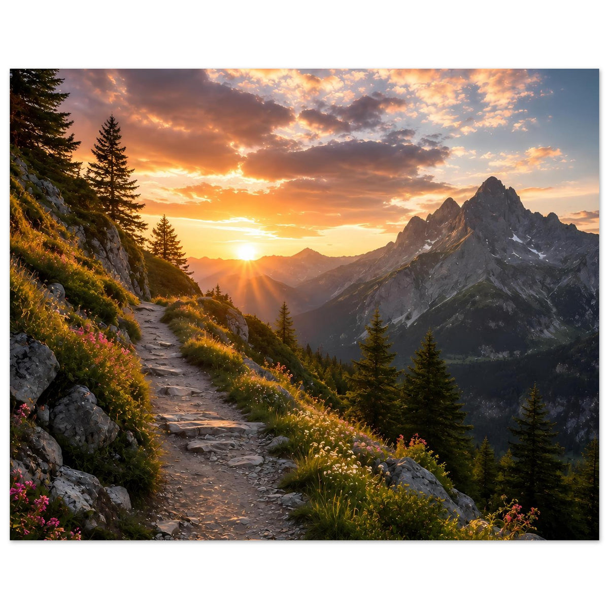 Rechteckiges Poster mit Bergpfad bei Sonnenuntergang, Nadelbäume, Berge und Sonne