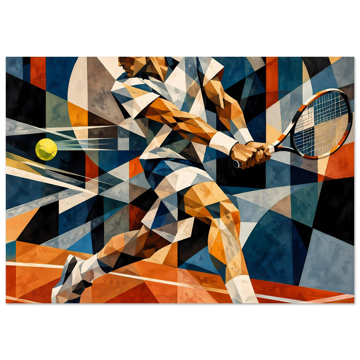 Kunstposter: abstrakter Tennisspieler mit Schläger und Ball, geometrisch in Blau/Orange