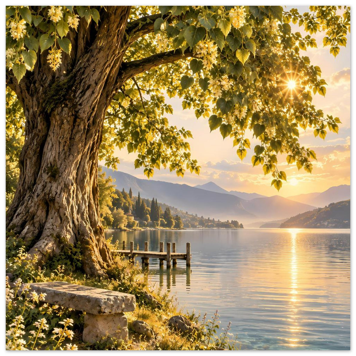Poster mit altem Baum, Blättern und Holzsteg am See in goldener Abendsonne