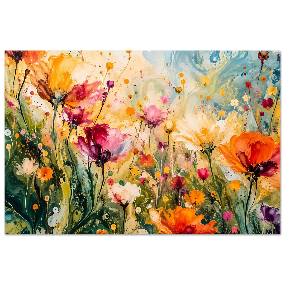 Buntes Blumenposter mit orange, gelb, rosa und violetten Blüten sowie Farbklecksen