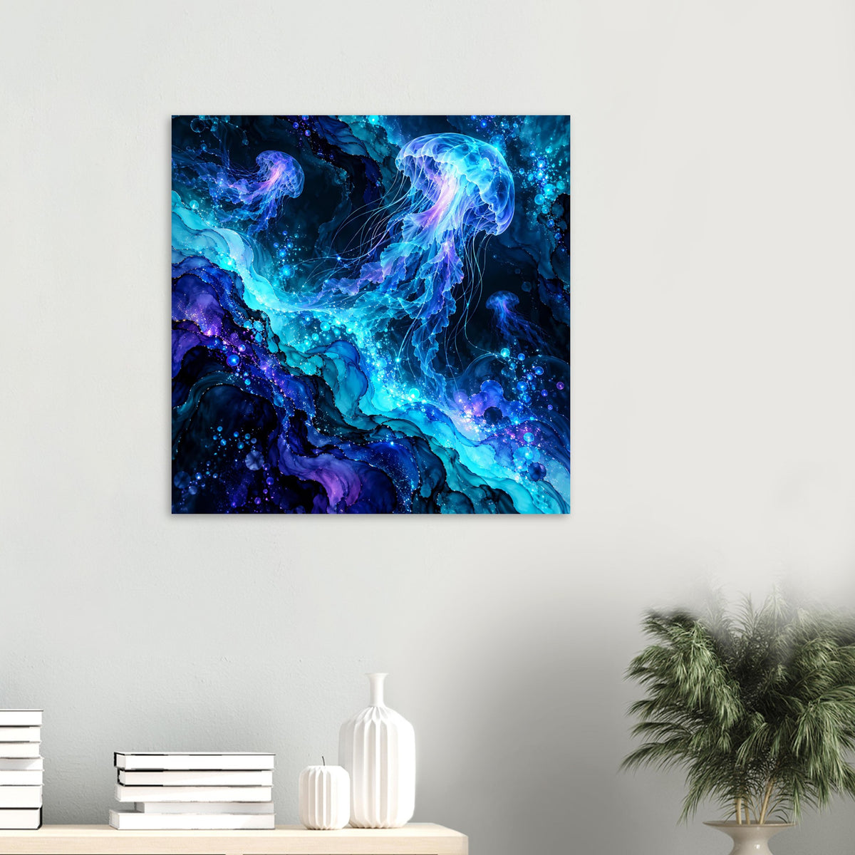 Quadratisches Poster mit Unterwasser-Quallen, leuchtenden Blau-Lichtpunkten und Violetttönen