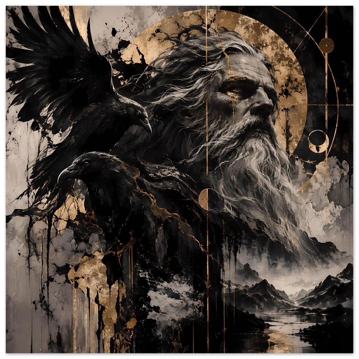 Poster im Hochformat: Odin/Gesicht mit schwarzer Krähe, grauer Bart, goldene Kreise, Wasserlinie