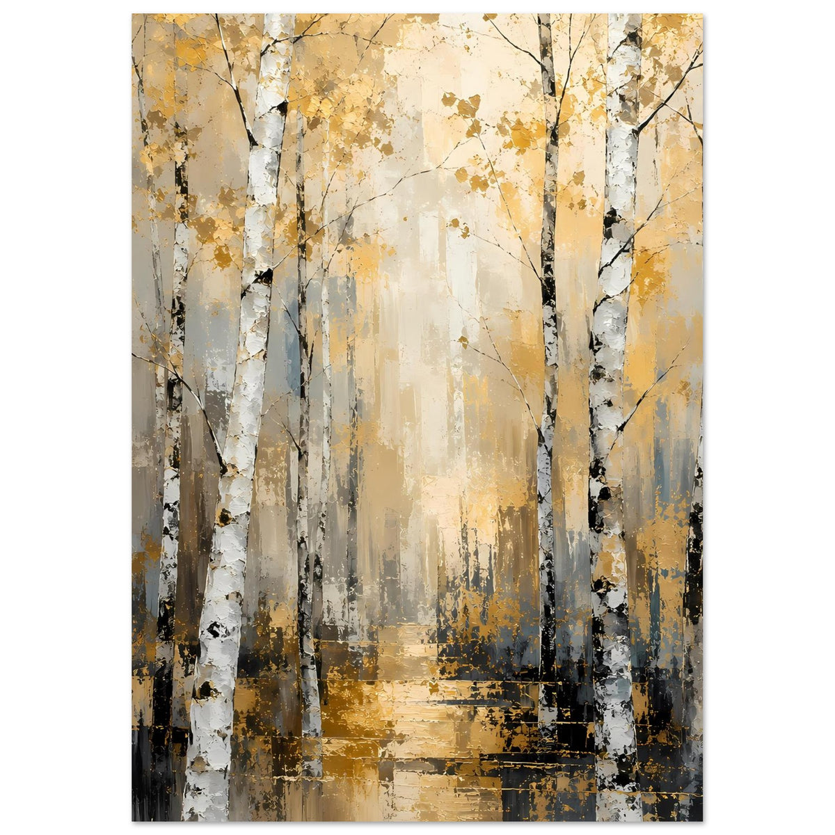 Poster im Hochformat mit Birkenwald: weiße Baumstämme, goldbraune Sprenkel, dunkle Kanten