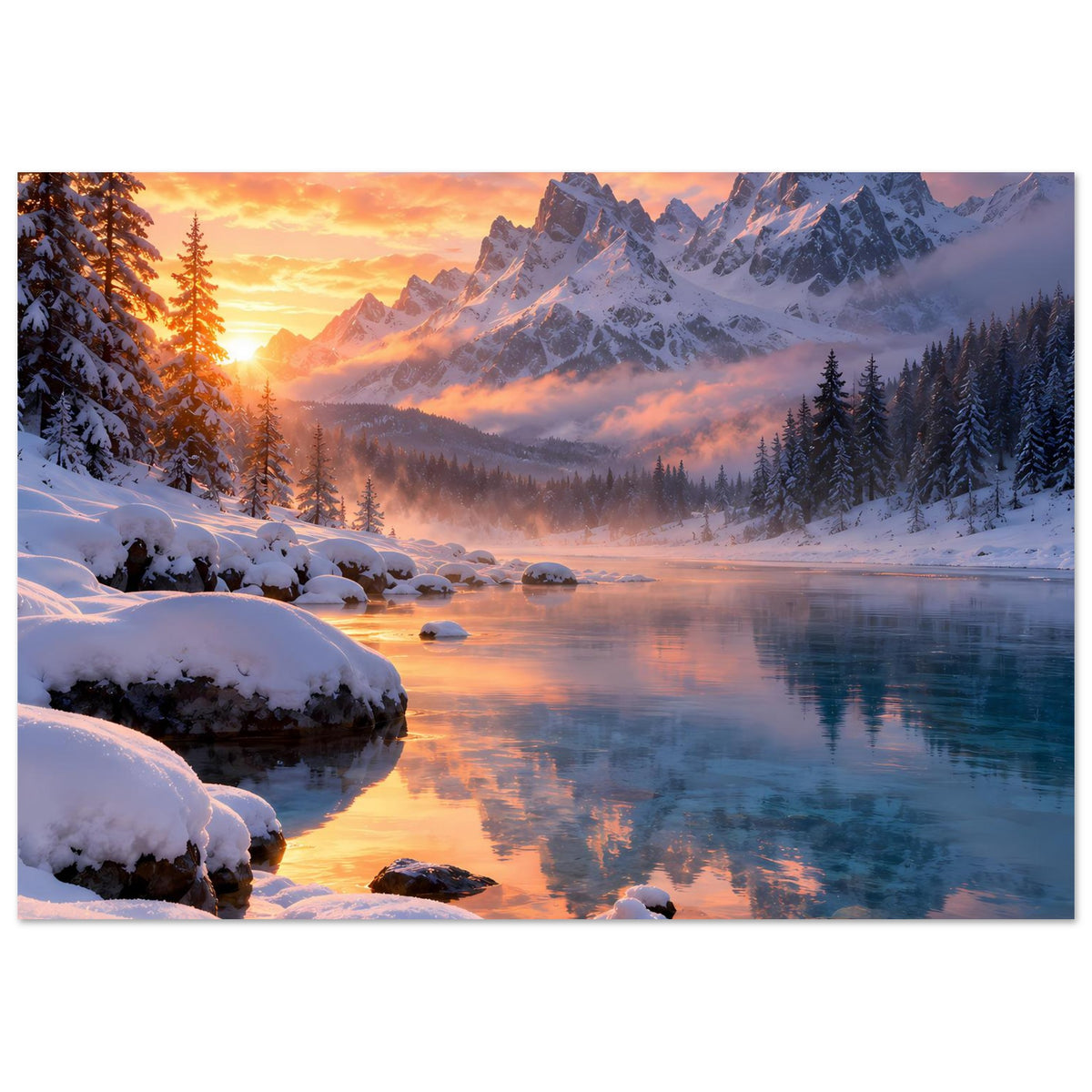 Winterlandschaft-Wandposter: verschneite Felsen am Ufer, Berggipfel, Sonne und Spiegelung im Wasser