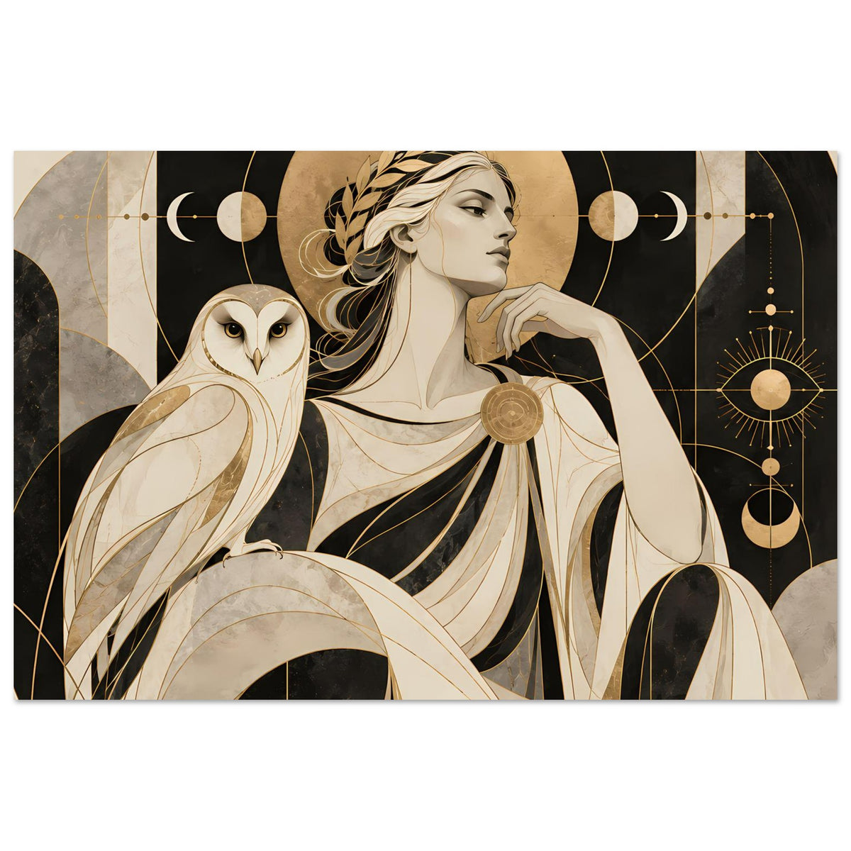 Kunstposter: Frau im Profil mit Eule, goldene Kreise, geometrische Ornamente, Querformat