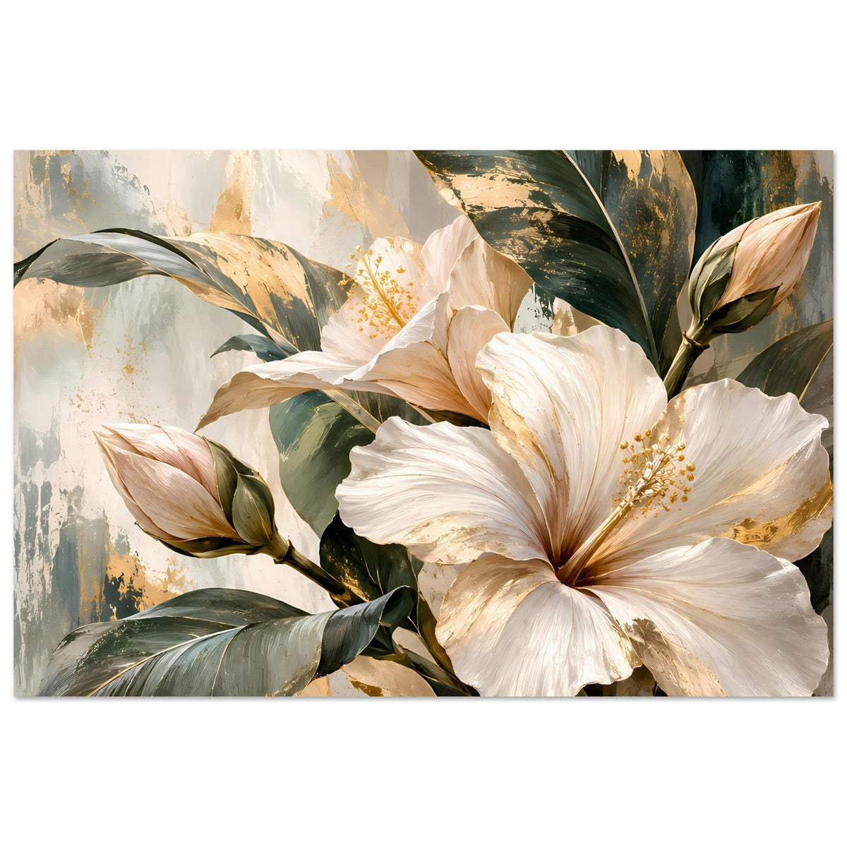 Blumenposter, querformatig: weiße Blüten und beiger Blütenkern mit goldenen Akzenten