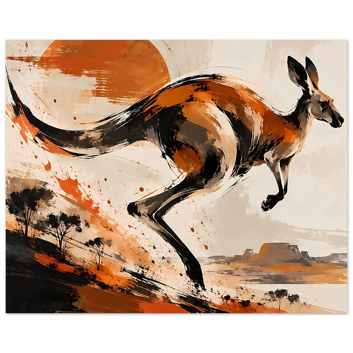 Tierposter mit Känguru im Sprung, kontrastreiche Schwarzlinien, braune und orange Pinseloptik