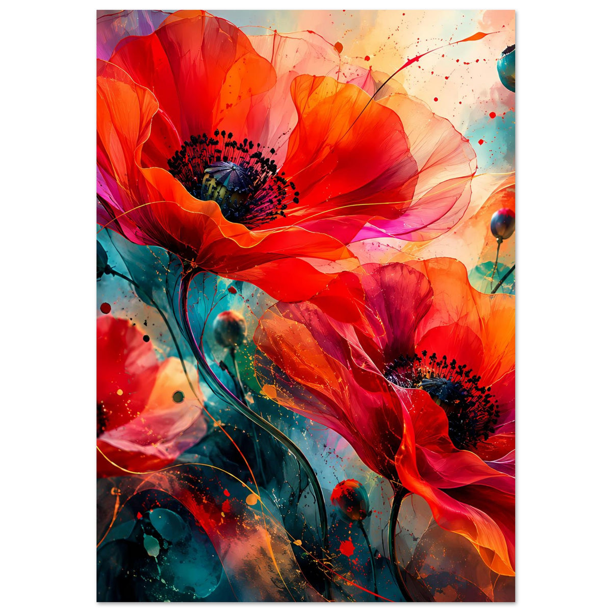 Abstraktes Blumen-Kunstposter mit großen roten Blüten, orangefarbenen Farbschattierungen und Spritzern