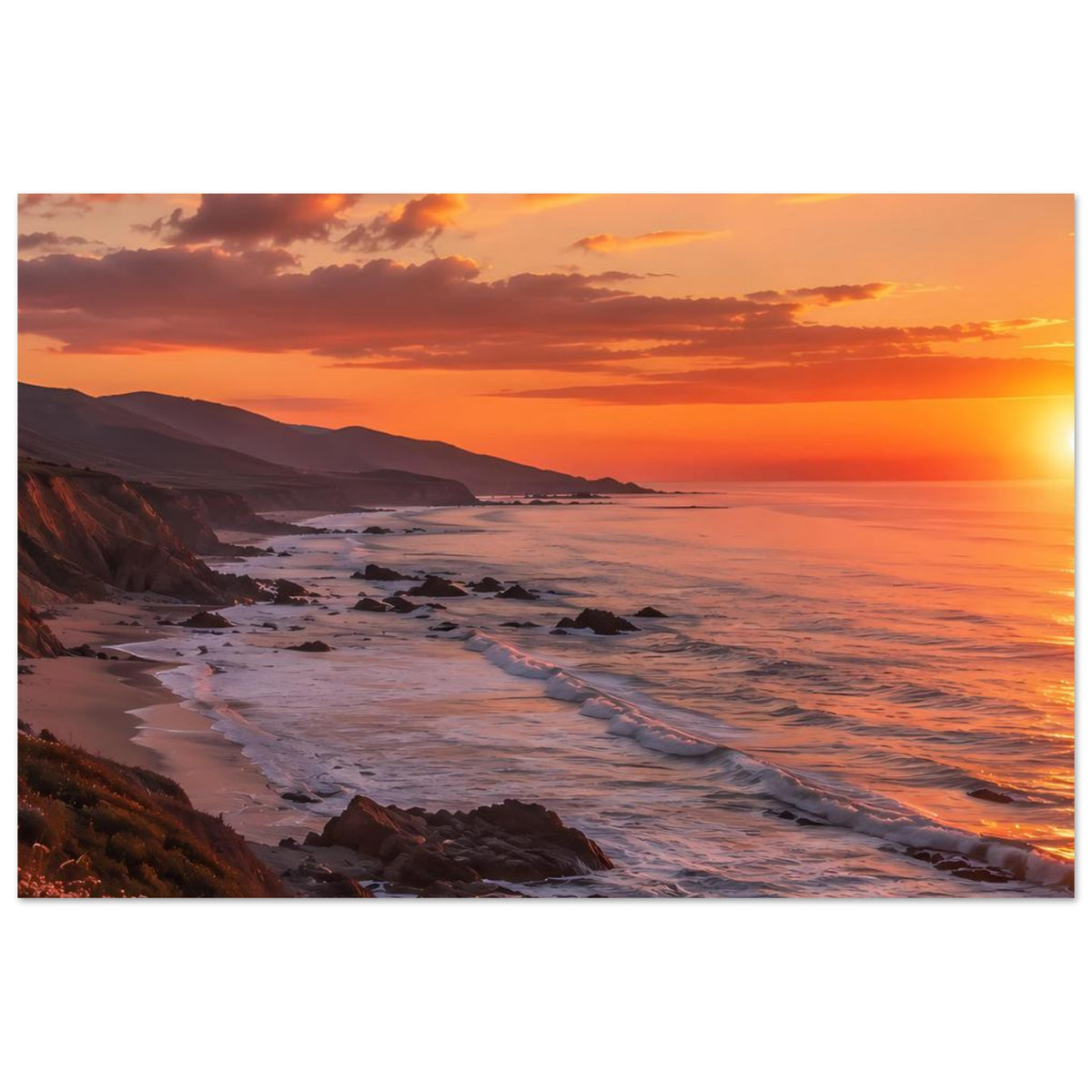 Poster im Querformat: Küstenlandschaft bei Sonnenuntergang mit warmen Farbstreifen am Horizont