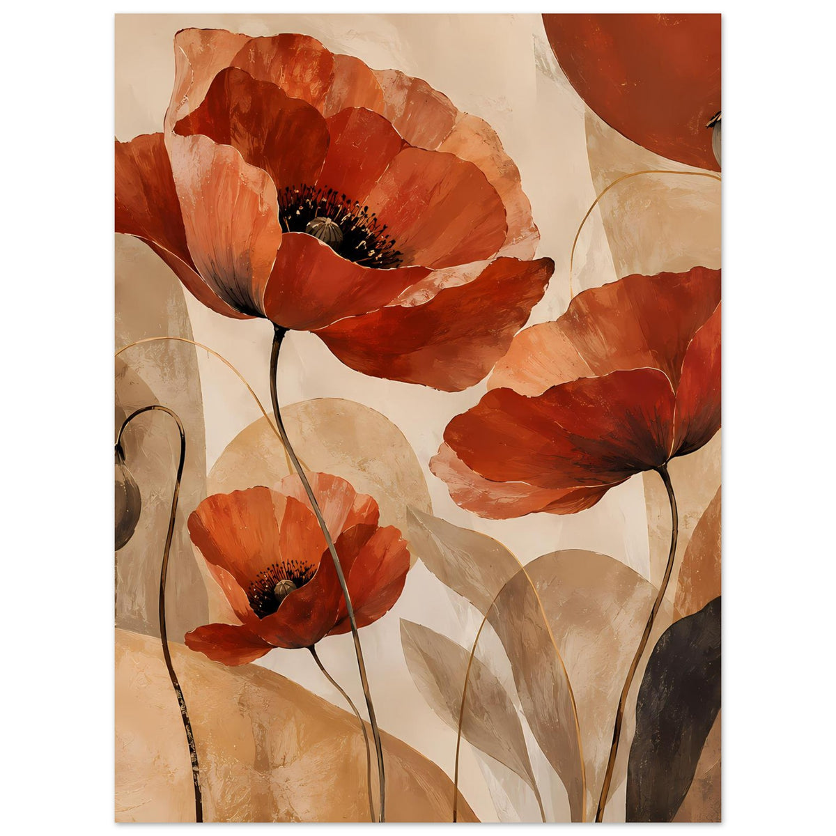 Botanisches Poster mit roten Mohnblumen, naher Darstellung von Blütenkopf und Stiel