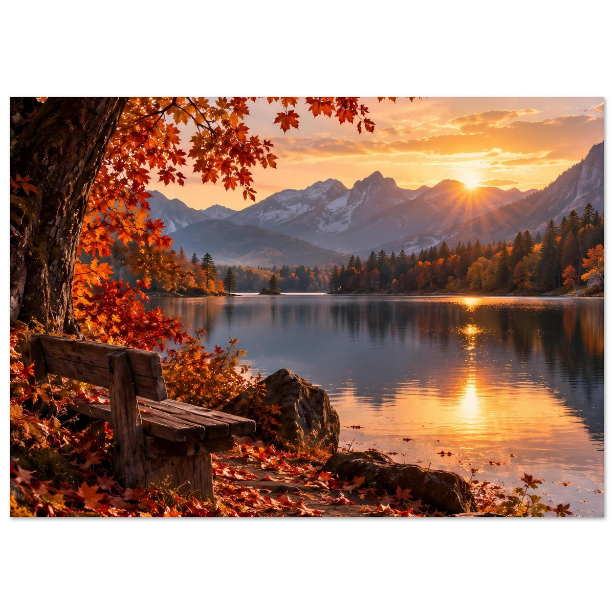 Herbstlandschaft-Poster im Querformat: Holzbank am Ufer, spiegelnder See und goldene Sonne