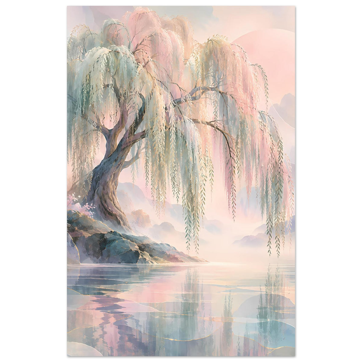 Hochformatiges Naturposter: Trauerweide mit langen herabhängenden Zweigen in Pastellfarben
