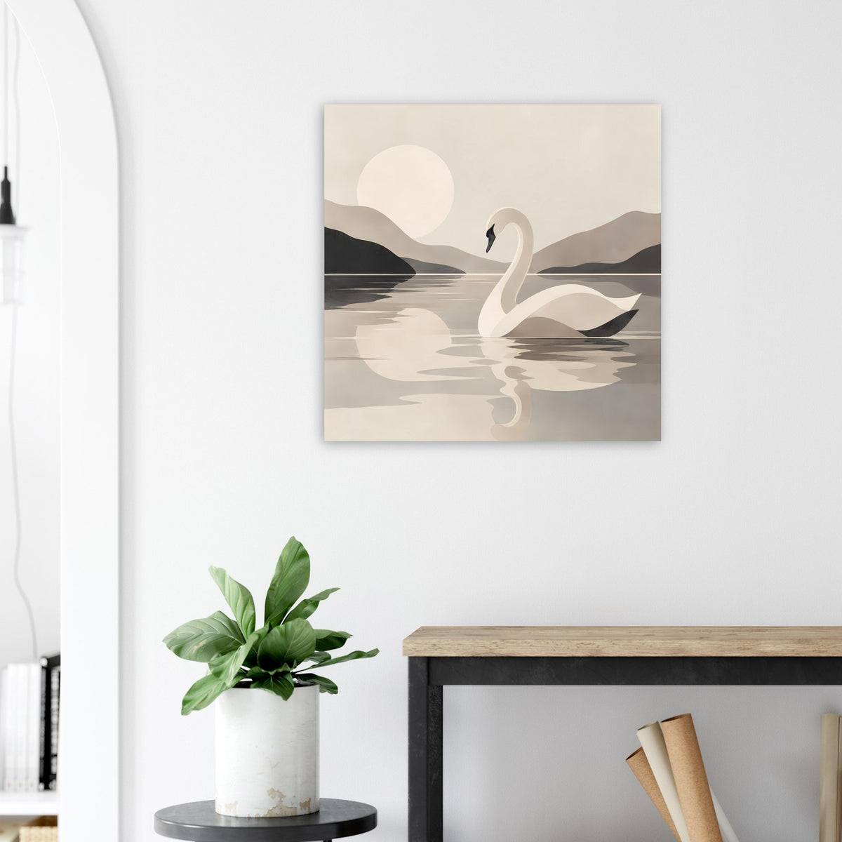 Quadratischer Kunstdruck mit Schwan im See, geradliniges Minimal-Art-Design