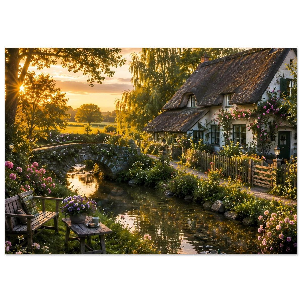 Landhaus-Poster mit Fluss, Steinbrücke und Fachwerkhaus im warmen Sonnenuntergang