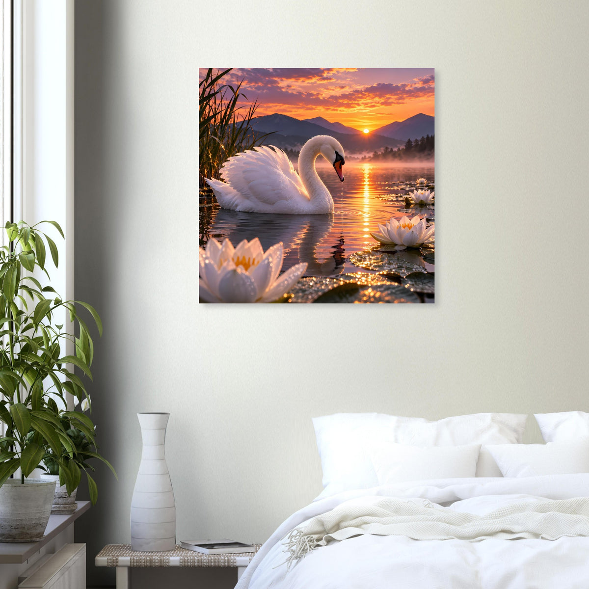 Quadratisches Poster mit weißem Schwan, spiegelndem See und Seerosen bei Sonnenuntergang