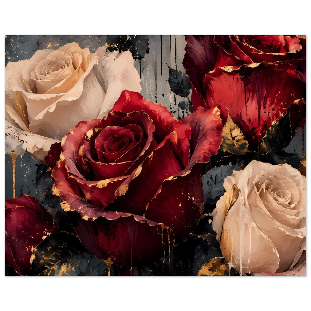 Kunstposter mit großen Rosen in Bordeauxrot und Creme, goldene Sprenkelakzente
