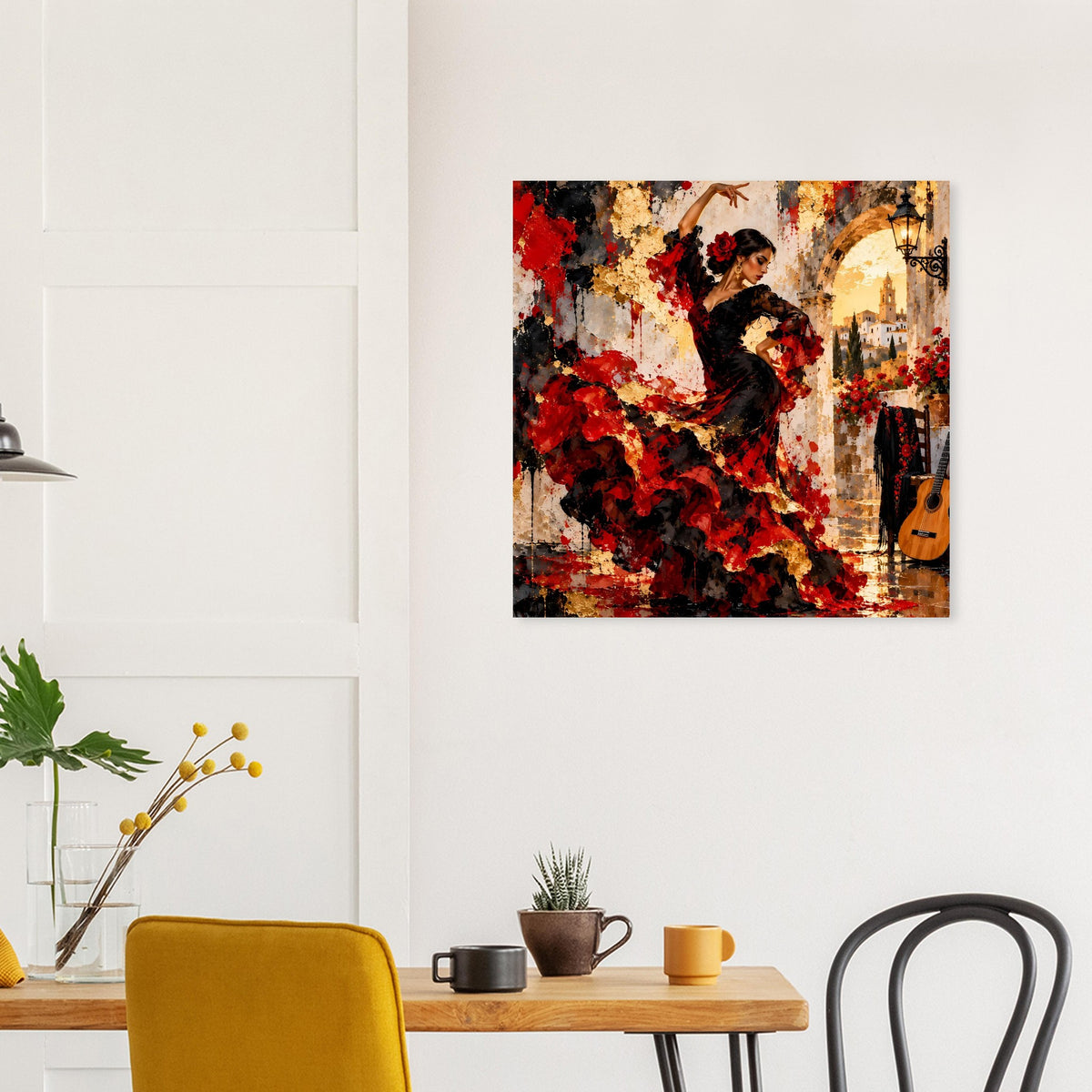 Poster mit Flamenco-Tänzerin in Rot und Schwarz, abstraktes Motiv, Gitarre rechts