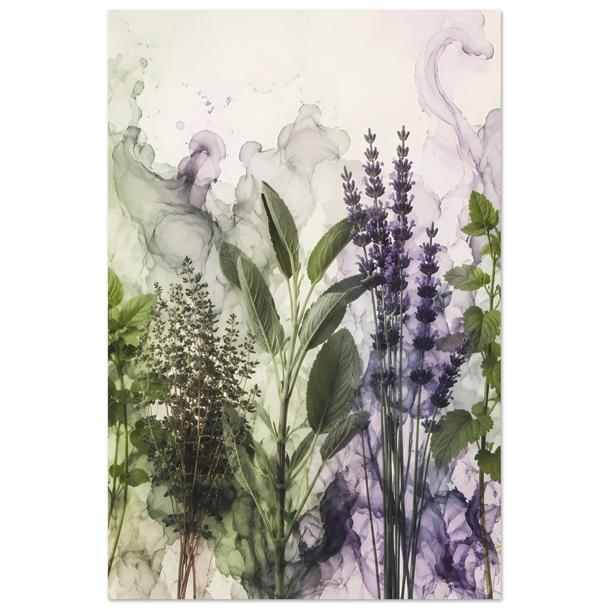 Botanisches Poster mit Lavendelblüten in Lila, ergänzt durch grüne Blätter