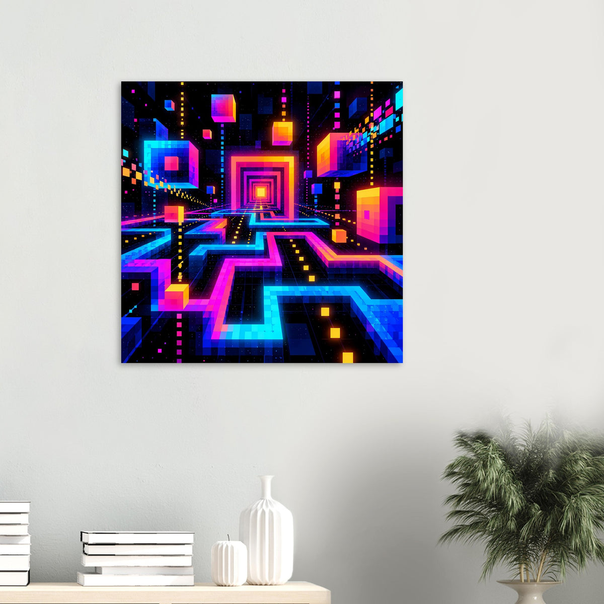 Neon-Labyrinth Poster mit geometrischem Science-Fiction-Muster, quadratisch