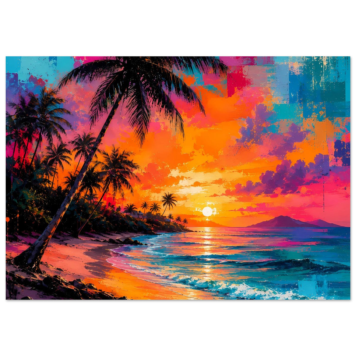 Querformat-Poster mit Neon-Sonnenuntergang am Palmenstrand und spiegelndem Wasser