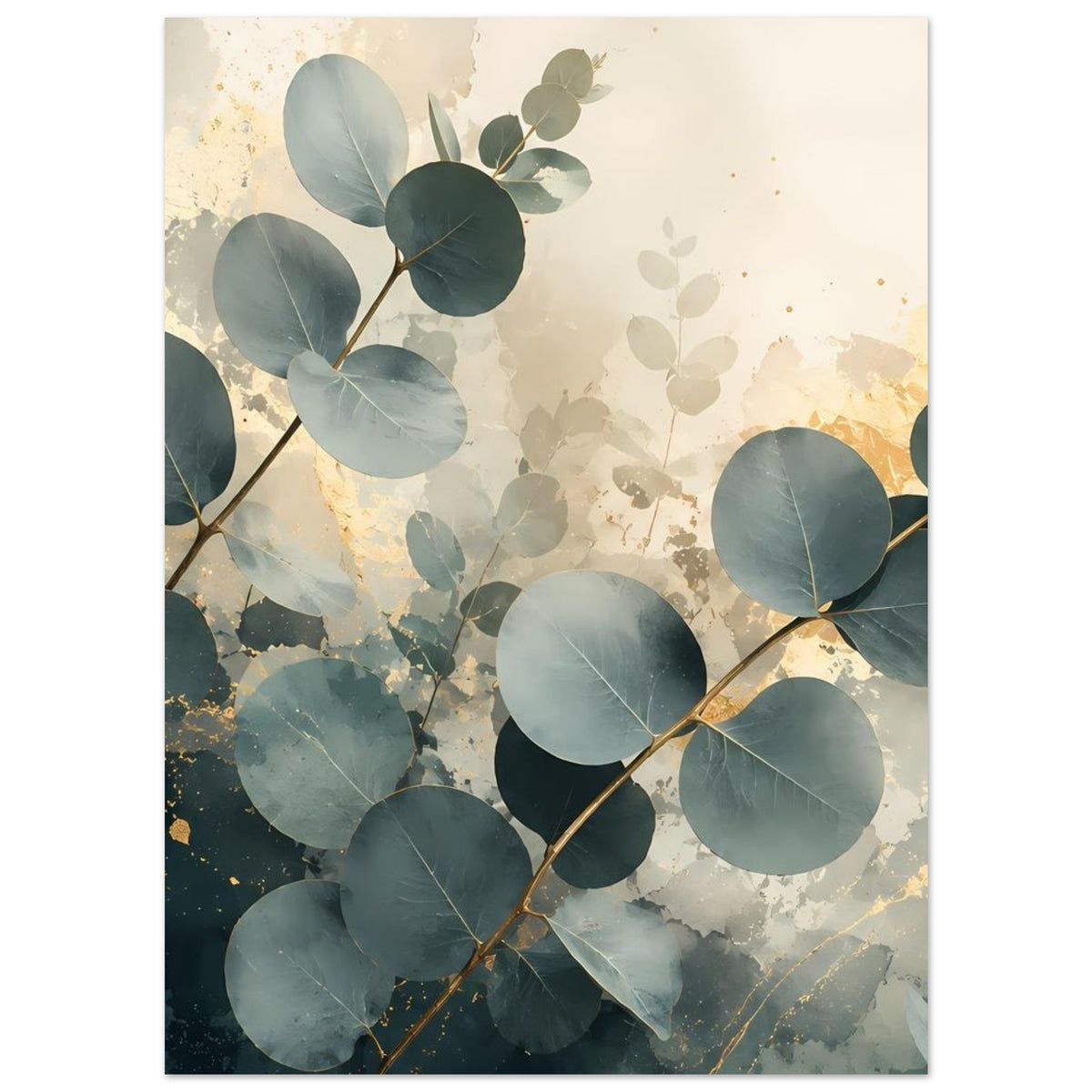 Eukalyptus-Poster mit dunkelgrünen und hellblauen Blättern, goldene Akzente, florales Muster