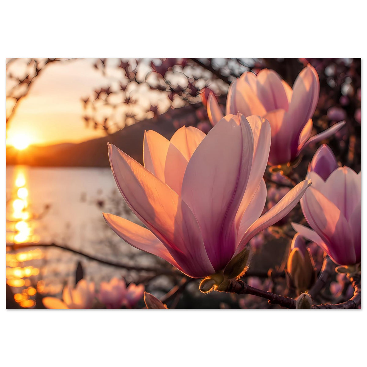 Magnolienblüten-Poster mit mehreren rosa-lila Blüten an Zweigen, warme Farbtöne