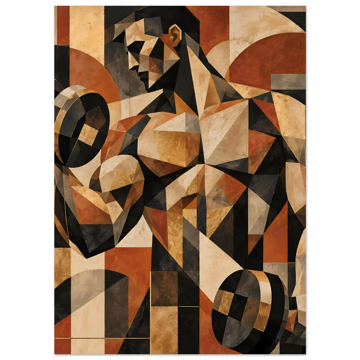 Rechteckiges Kunstposter mit abstrakten Dreiecken und Rauten in Beige, Schwarz und Rostorange.