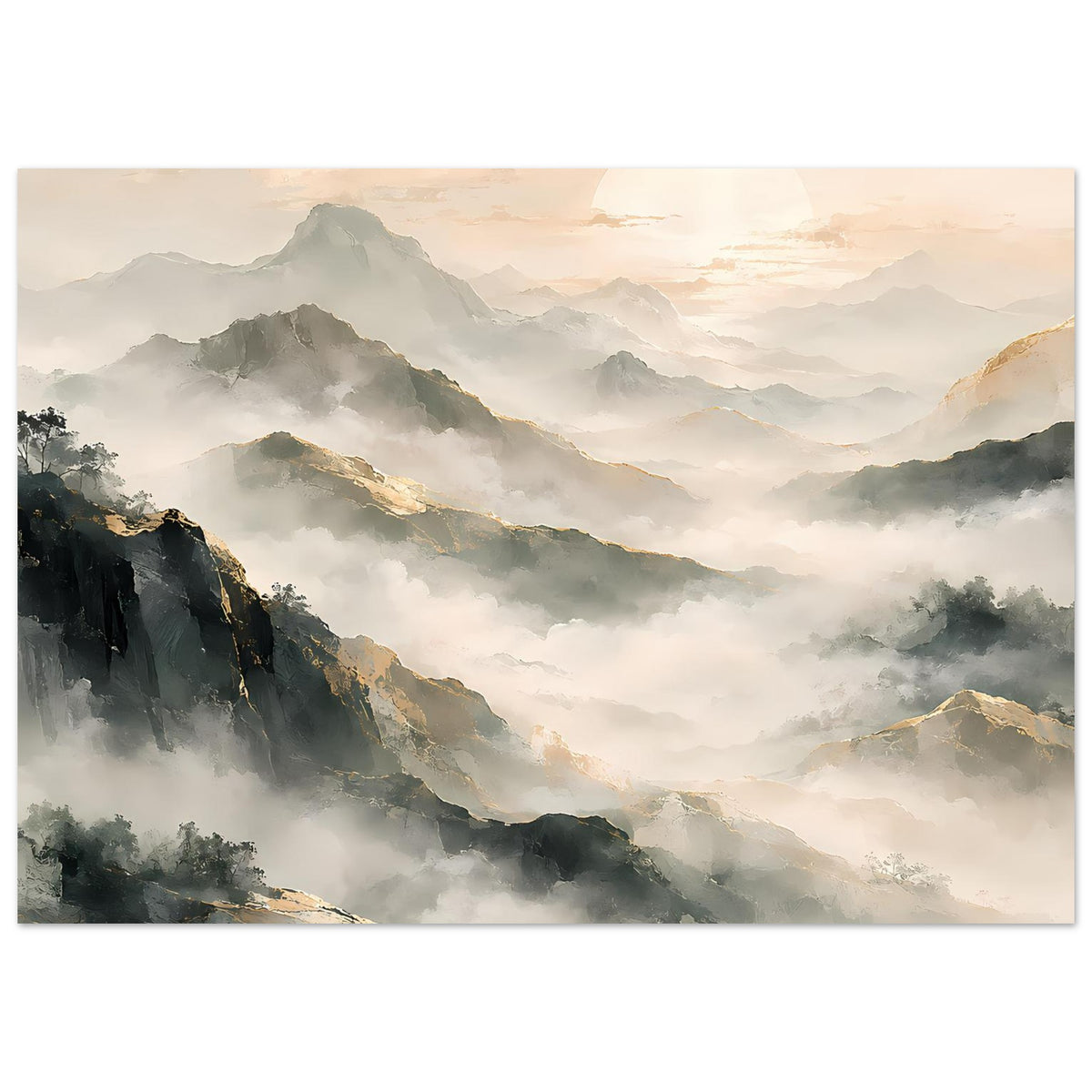 Bergpanorama-Poster, horizontal: dichte Wolken über Bergkämmen in sanften Grautönen